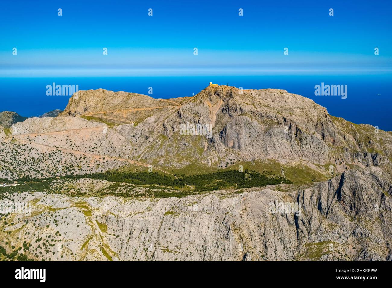 Aerial view, mountain Puig Major, with military use and with view to the sea, Escorca, Mallorca, Balearic Islands, Spain, mountain, mountain top with Stock Photo