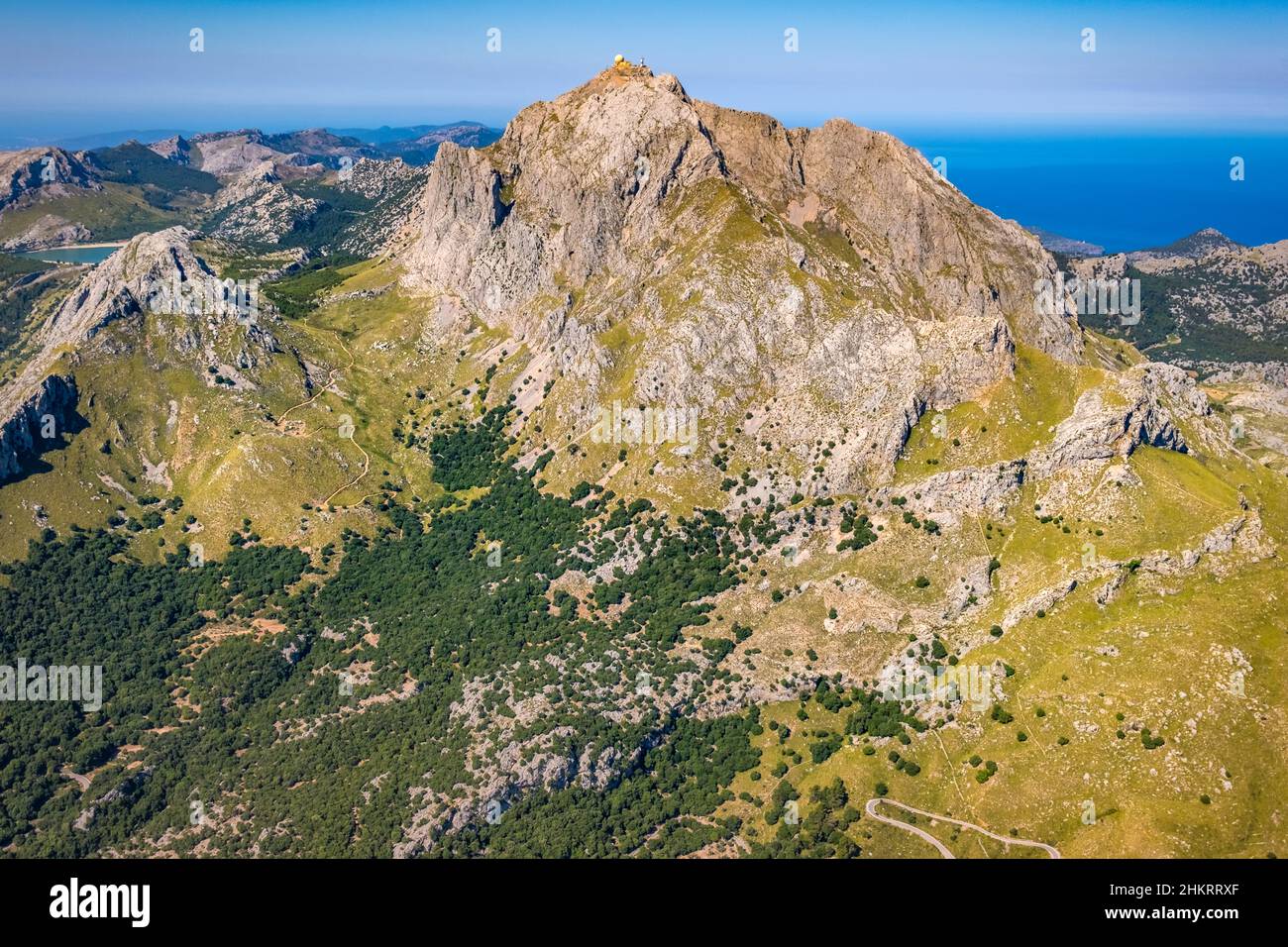 Aerial view, Mount Puig Major, with military use and with view of the sea, Escorca, Mallorca, Balearic Islands, Spain, Luftbild, Berg Puig Major, mit Stock Photo
