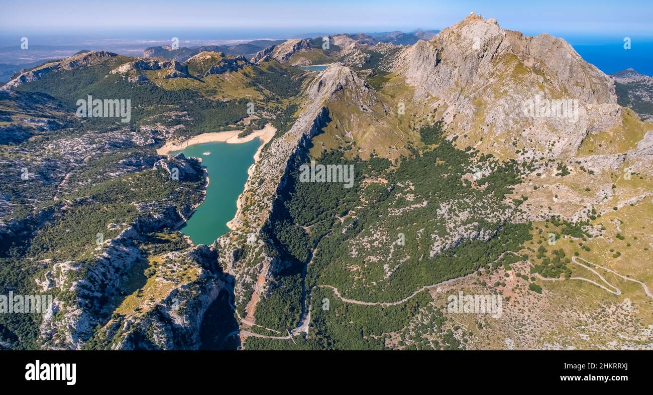 Luftaufnahme, Stausee Cúber im Gebirge, Embassament de Cúber, Berg Puig Major, mit militärischer Nutzung, Escorca, Mallorca, Balearische Inseln, Spani Stock Photo