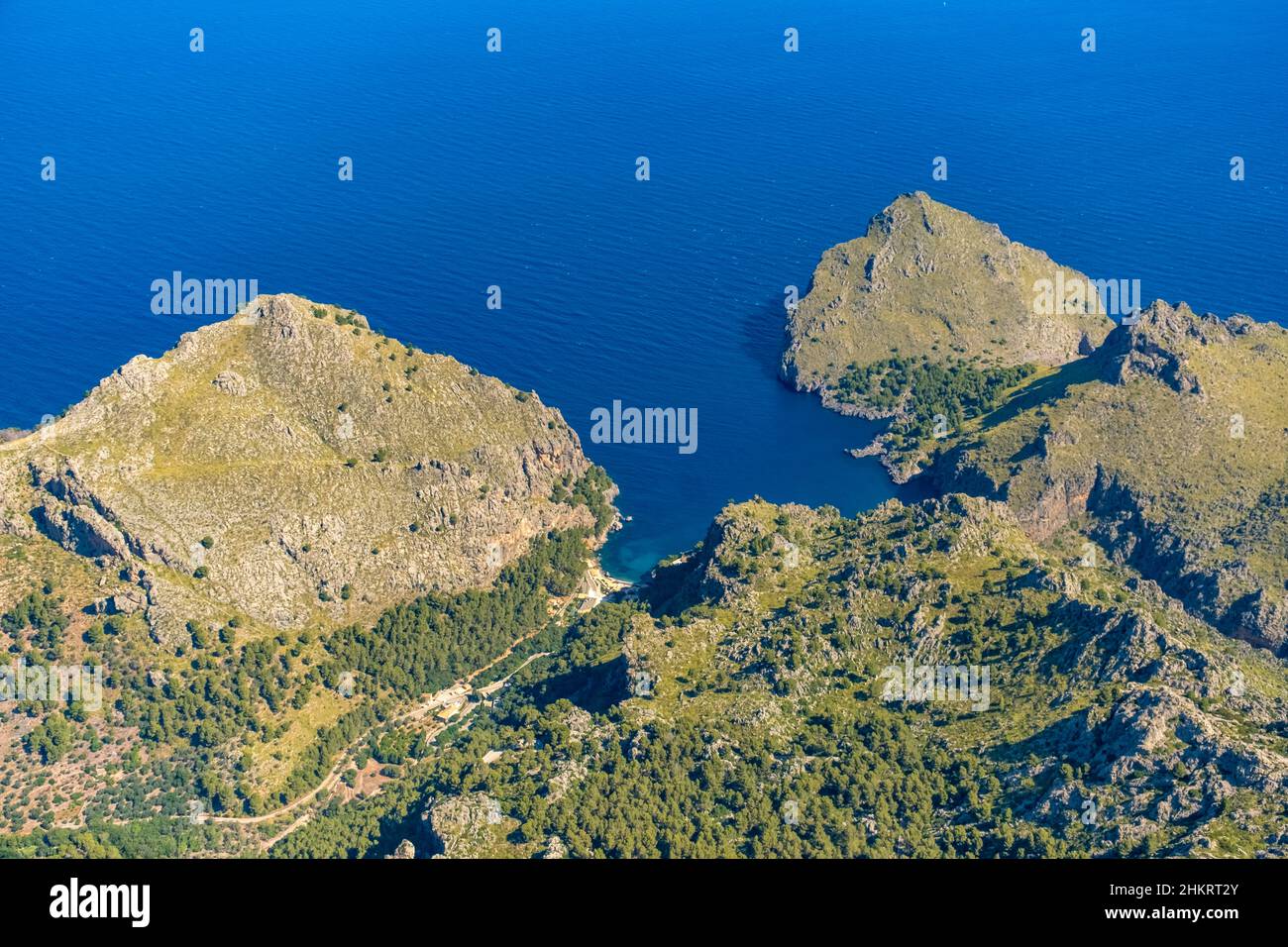 Aerial view, Port De Sa Calobra with bay and beach Sa Calobra, Escorca, Majorca, Balearic Islands, Spain, bay, ES, Europe, rocky coast, harbour, aeria Stock Photo