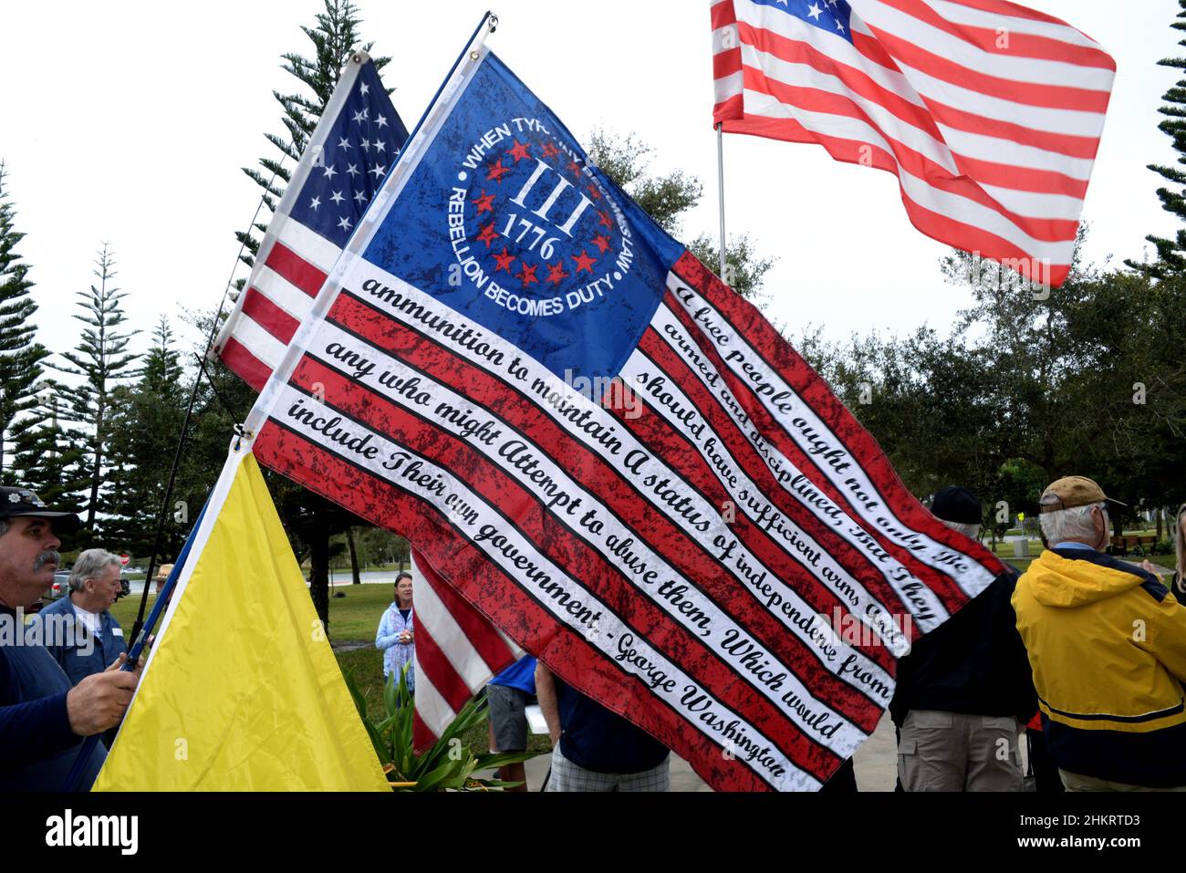 Melbourne, Brevard County, Florida, USA. February 5, 2022. Group of upcoming political candidates and other speakers held a rally on the grounds of the Liberty Bell Museum to gain support for legislative action to support A Constitutional Open Carry Gun Law. The rights of the people of Florida to keep and bear arms are sacrosanct and protected by both the US Constitution and the Florida Constitution was quoted in their handouts. Photo Credit: Julian Leek/Alamy Live News Stock Photo