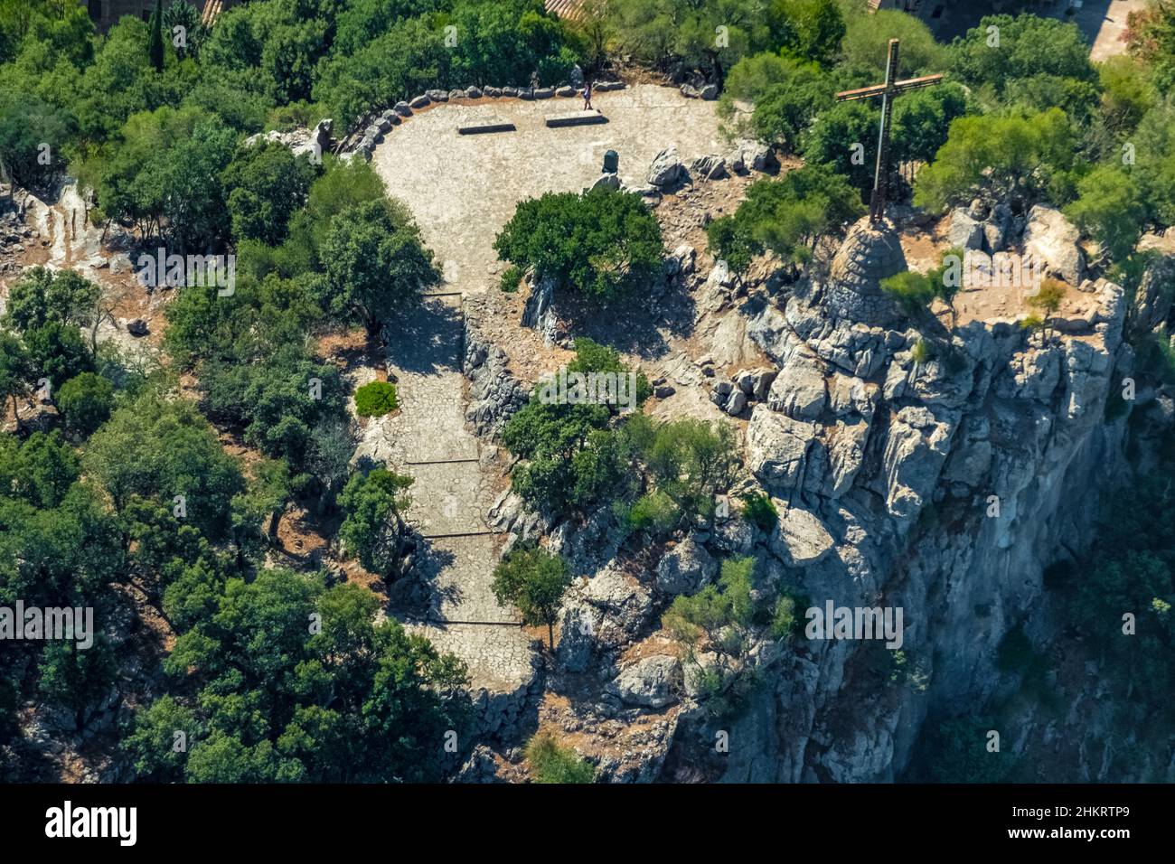 Aerial view, summit cross on a mountain near Pollença, Mallorca, Balearic Islands, Spain, devotional site, ES, Europe, cross, aerial view, aerial phot Stock Photo
