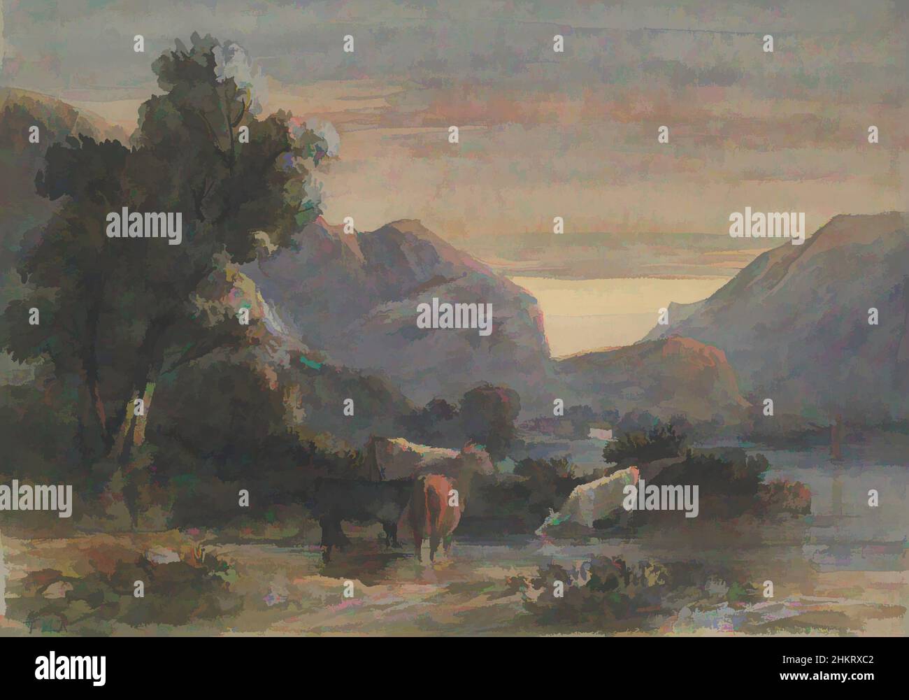 Art inspired by Landscape with cattle, Thomas Richardson, England, Classic works modernized by Artotop with a splash of modernity. Shapes, color and value, eye-catching visual impact on art. Emotions through freedom of artworks in a contemporary way. A timeless message pursuing a wildly creative new direction. Artists turning to the digital medium and creating the Artotop NFT Stock Photo