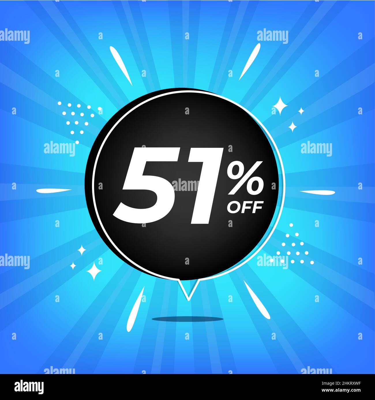51% off. Blue banner with fifty-one percent discount on a black balloon ...