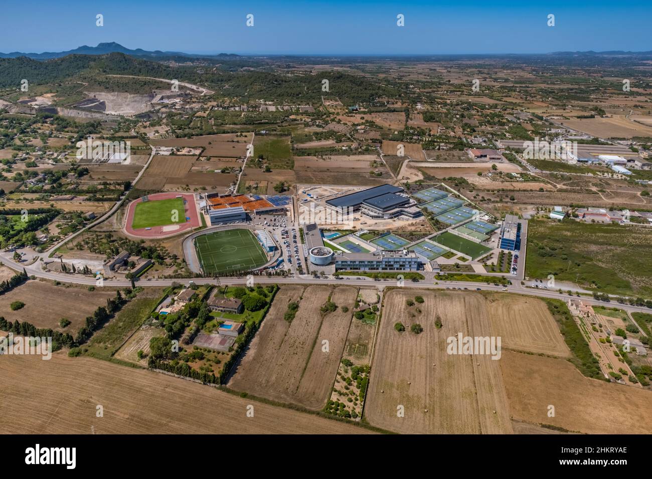 Aerial view, R.N. Sport Centre, Rafael Nadal Tennis Centre, construction site, Fartàritx, Manacor, Mallorca, Balearic Islands, Spain, Europe, Rafa Nad Stock Photo