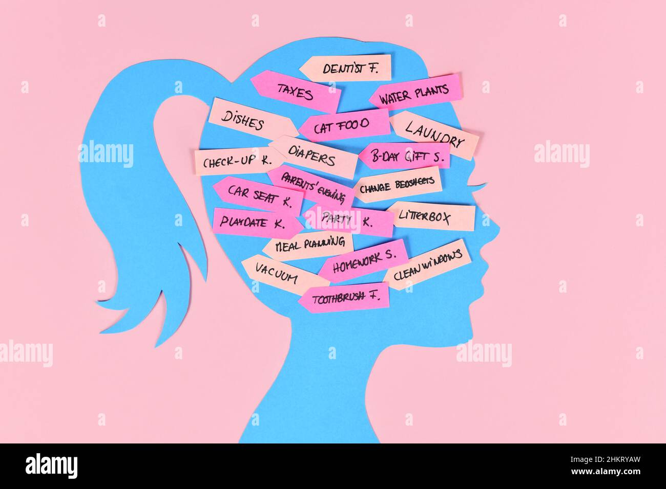 Mental load concept with woman's head silhouette with multiple tasks on notes Stock Photo
