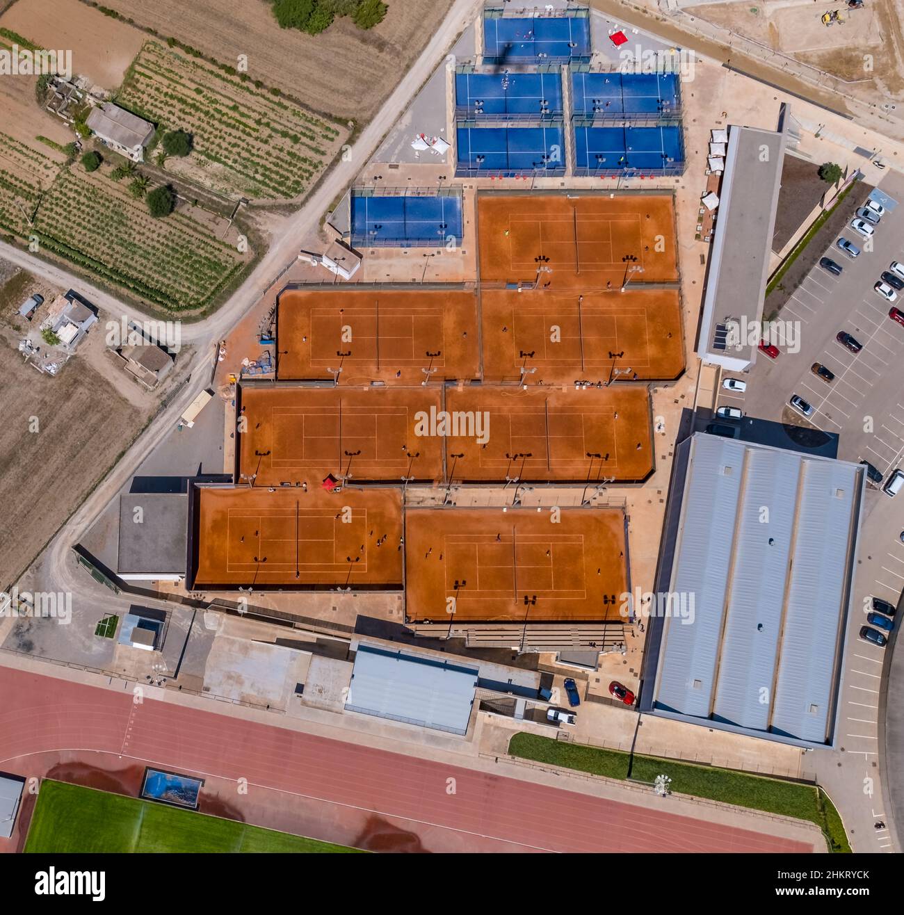 Aerial view, R.N. Sport Centre, Rafael Nadal Tennis Centre, construction site, Fartàritx, Manacor, Mallorca, Balearic Islands, Spain, Europe, Rafa Nad Stock Photo