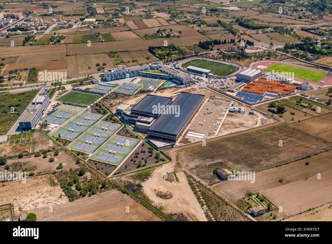 Aerial view, R.N. Sport Centre, Rafael Nadal Tennis Centre, construction site, Fartàritx, Manacor, Mallorca, Balearic Islands, Spain, Europe, Rafa Nad Stock Photo