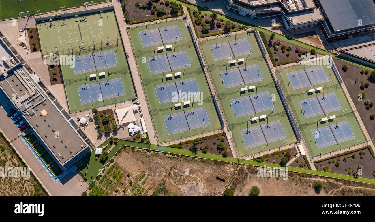 Aerial view, R.N. Sport Centre, Rafael Nadal Tennis Centre, construction site, Fartàritx, Manacor, Mallorca, Balearic Islands, Spain, Europe, Rafa Nad Stock Photo