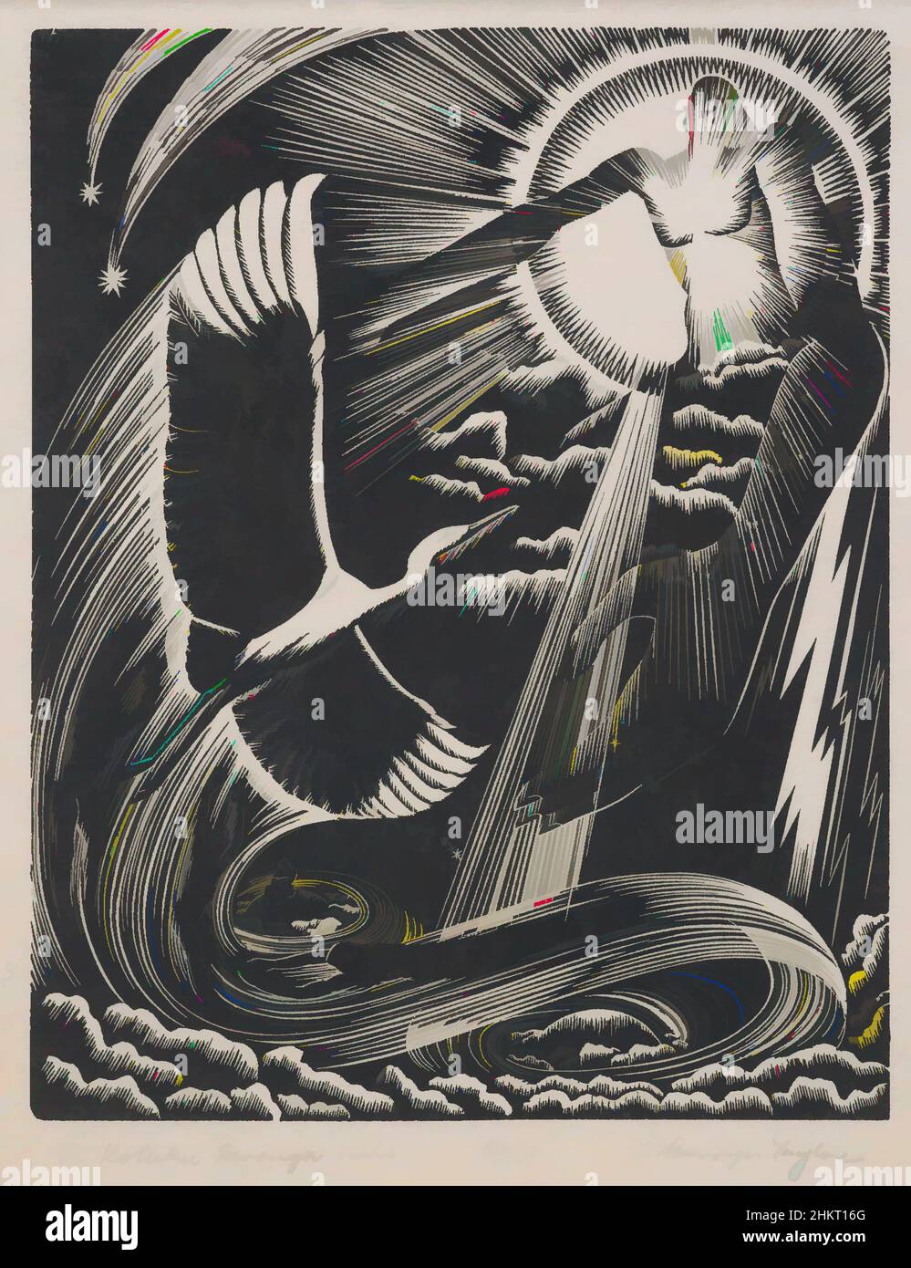 Art inspired by Te kotuku rerenga tahi (The heron of single flight), E Mervyn Taylor, artist, 1953, Wellington, wood engraving, Classic works modernized by Artotop with a splash of modernity. Shapes, color and value, eye-catching visual impact on art. Emotions through freedom of artworks in a contemporary way. A timeless message pursuing a wildly creative new direction. Artists turning to the digital medium and creating the Artotop NFT Stock Photo