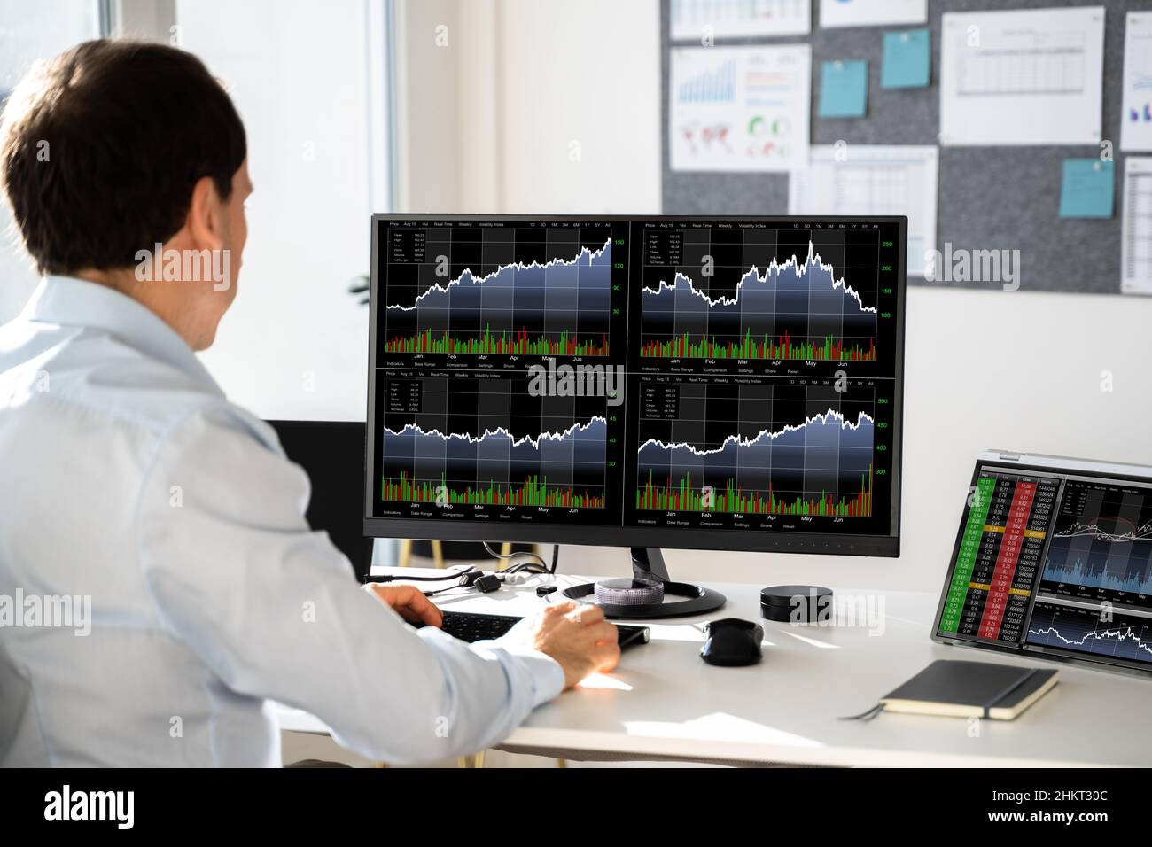 Stock Exchange Business Analyst Using Computer With Multiple Screen Stock Photo
