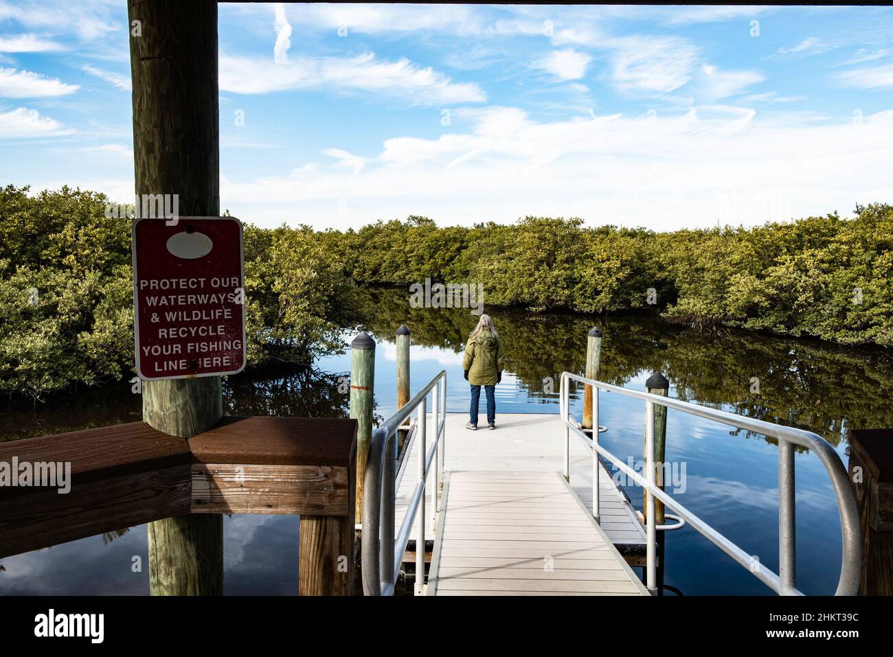 A back view of a mature 50-60 year old woman with long gray hair and wearing a parka standing on a floating dock in the Ponce Inlet Preserve, Florida Stock Photo