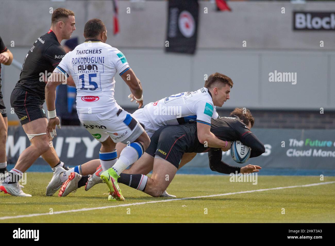 Barnet, United Kingdom. 05th Feb, 2022. Gallagher Premiership Rugby. Saracens V Bath Rugby. StoneX Stadium. Barnet. Alex Good of Saracens scores their third try during the Gallagher Premiership rugby match between Saracens and Bath Rugby. Credit: Sport In Pictures/Alamy Live News Stock Photo