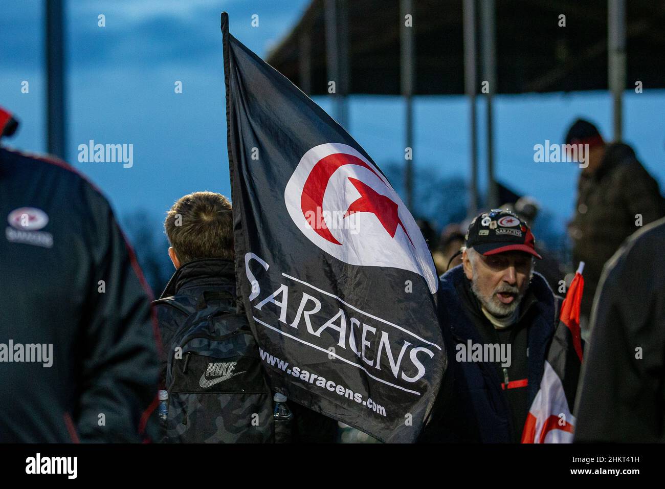 Barnet, United Kingdom. 05th Feb, 2022. Gallagher Premiership Rugby. Saracens V Bath Rugby. StoneX Stadium. Barnet. A saracens flag during the Gallagher Premiership rugby match between Saracens and Bath Rugby. Credit: Sport In Pictures/Alamy Live News Stock Photo
