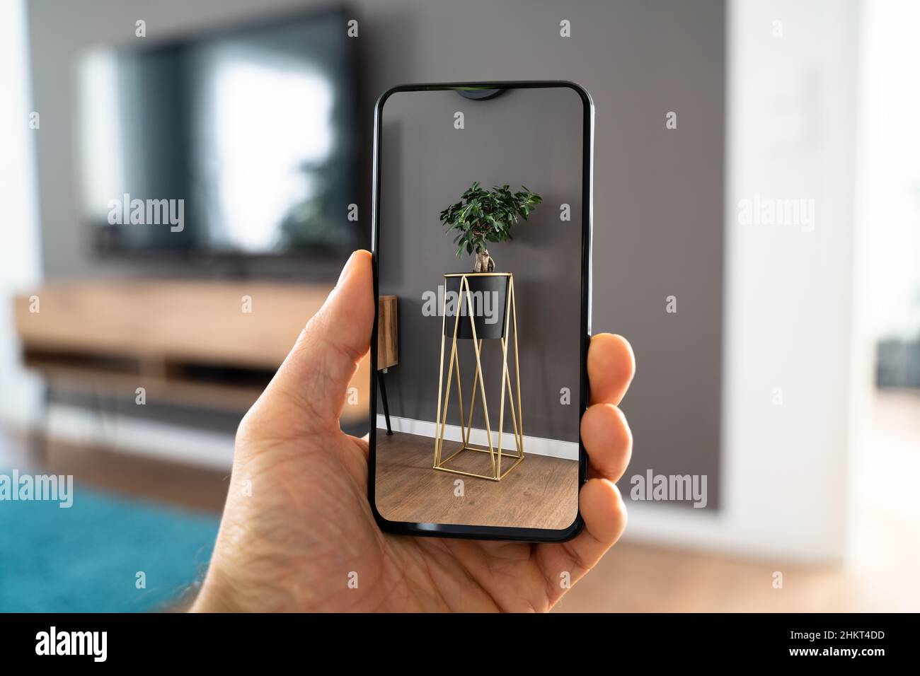 Virtual AR Mobile Phone App. Augmented Reality Furniture Stock Photo
