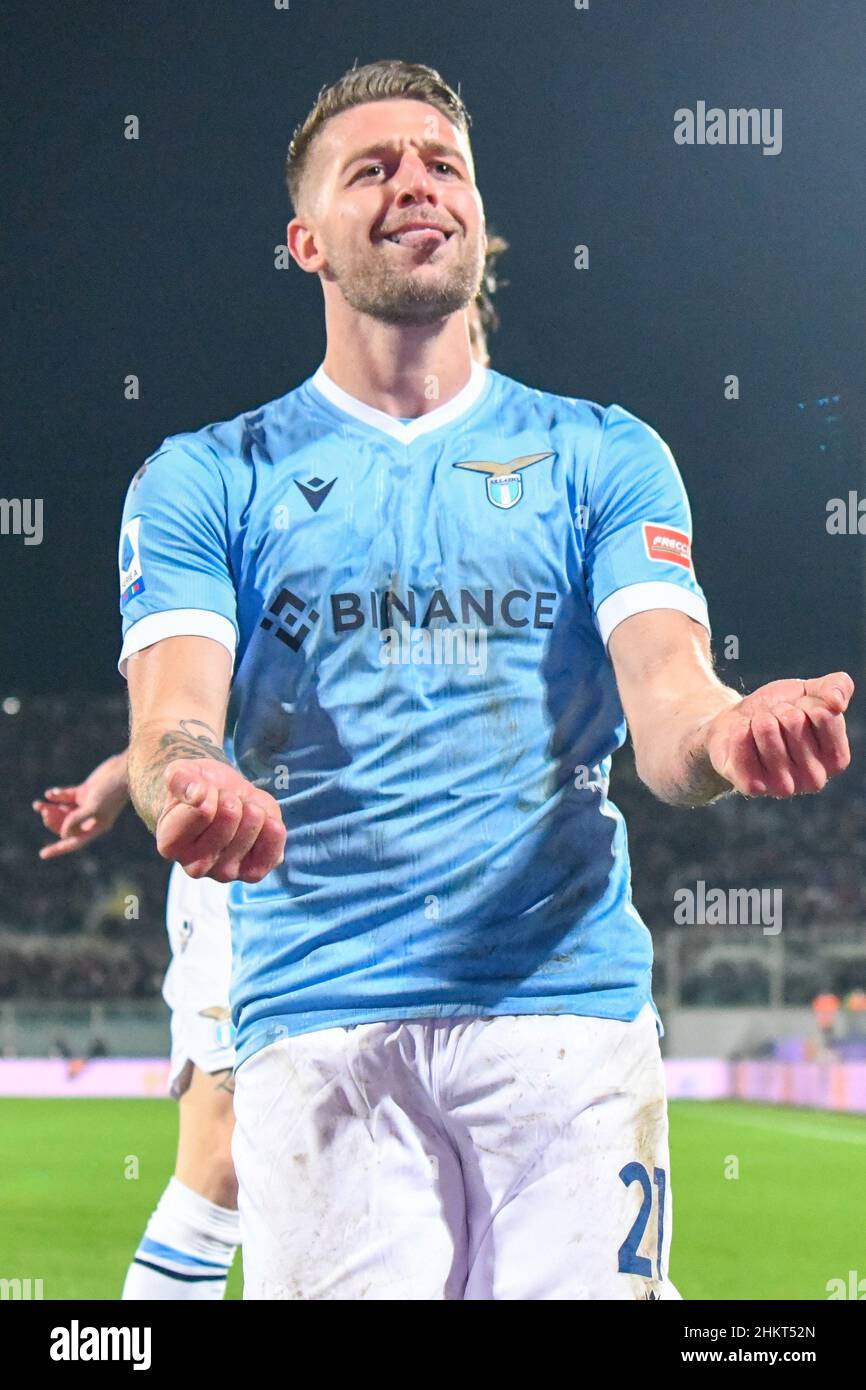 Florence, Italy. 05th Feb, 2022. Sergej Milinkovic-Savic (Lazio) celebrates  after scoring the 0 - 1 goal during ACF Fiorentina vs SS Lazio, italian  soccer Serie A match in Florence, Italy, February 05