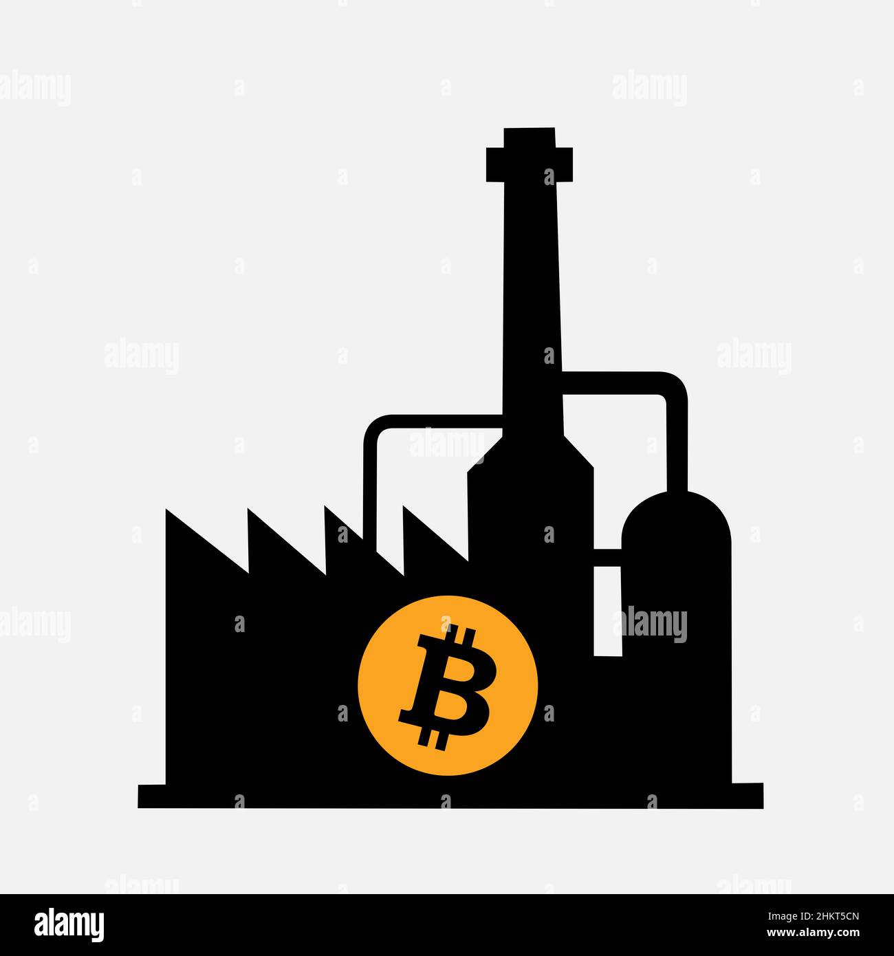 Cryptomining - industrial factory, plant and power house for mining and production of crypto currency and Bitcoin. Vector illustration isolated on bla Stock Photo