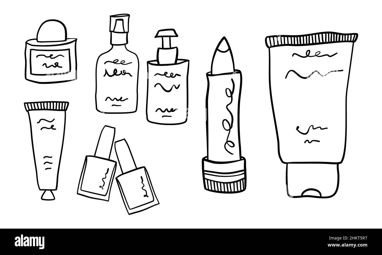 Big set of cosmetic items in minimalist hand drawn outline style. Cream dispenser, lipstick, lotion bottles, nail polish Stock Vector