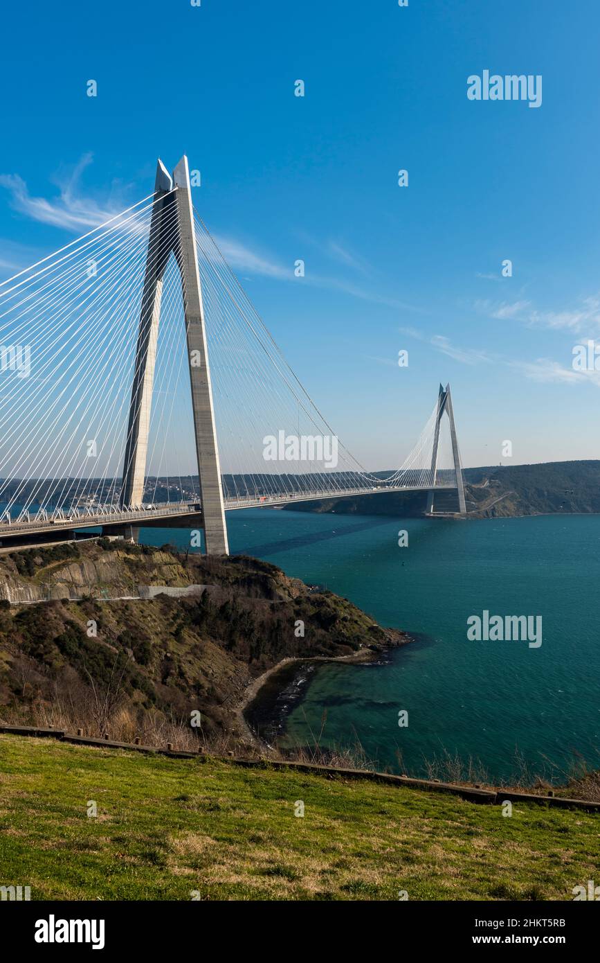 Yavuz Sultan Selim Bridge in Istanbul, Turkey. 3rd bridge of Istanbul Bosphorus with blue sky. Stock Photo