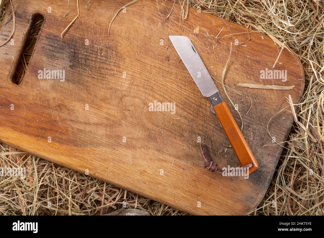 Folding knife with tanto blade. Portuguese knife with wooden handle