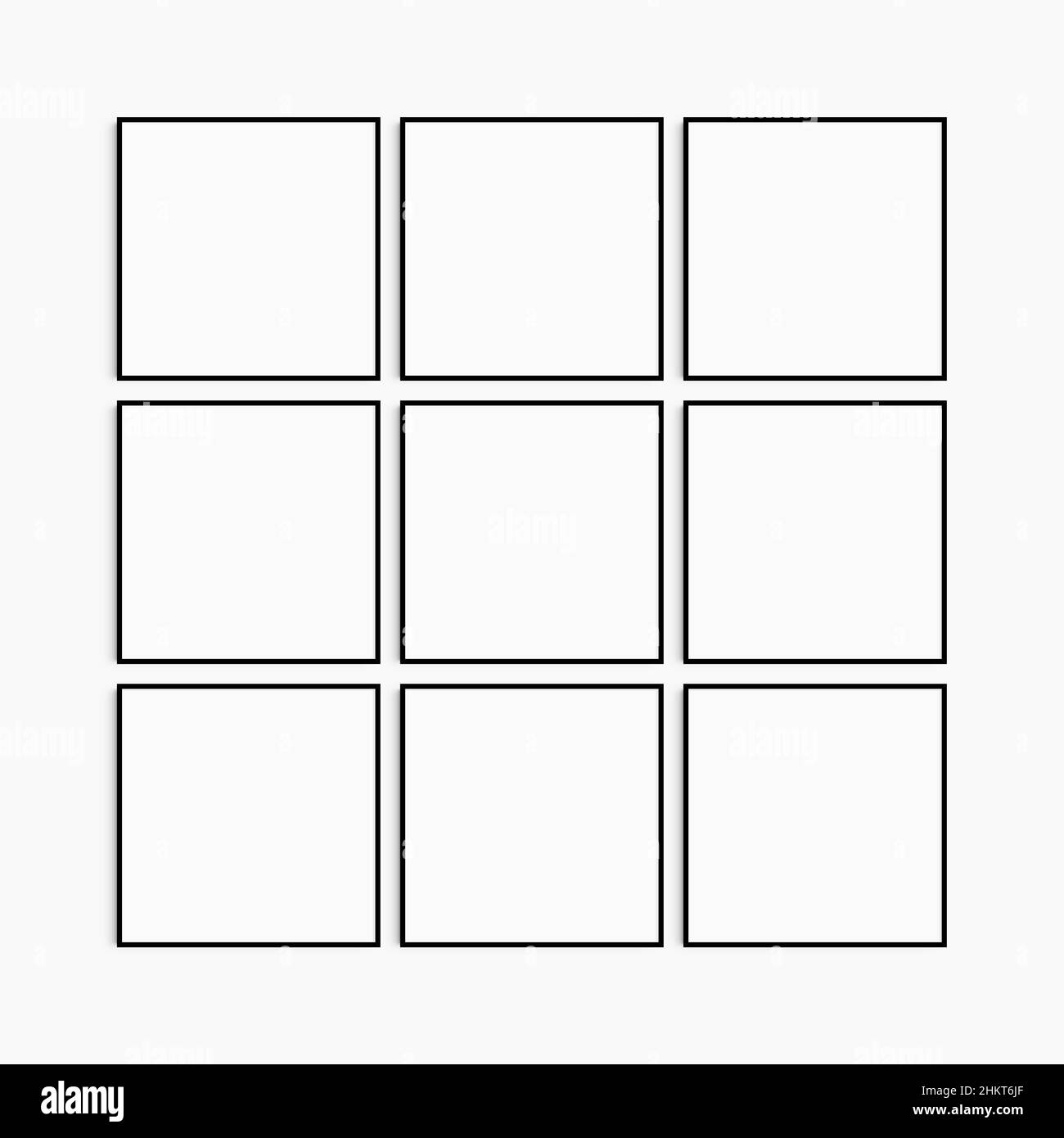 Frame mockup 11 square. Set of nine thin black square frames. Clean