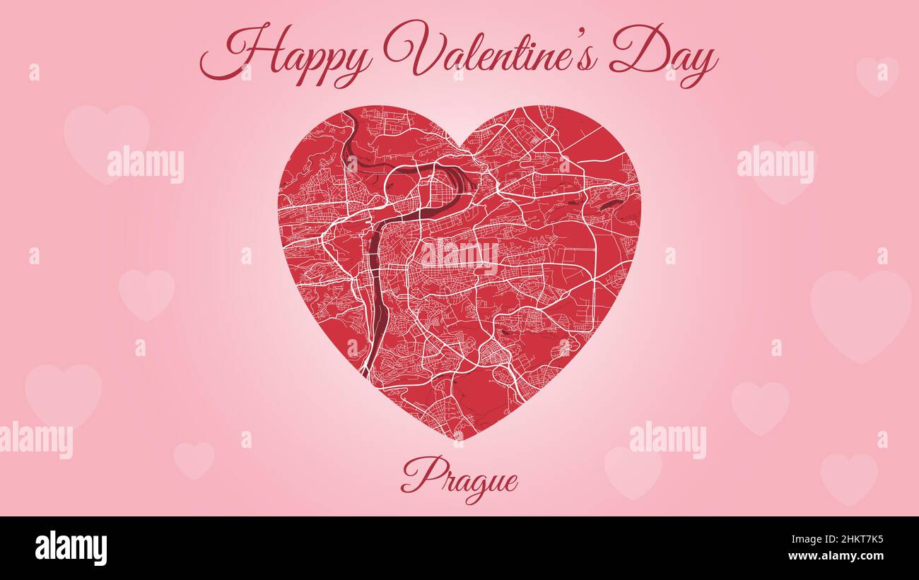 Happy Valentine's day horizontal holiday card with Prague map in heart shape. Pink and red color vector illustration. Love city travel cityscape. Stock Vector