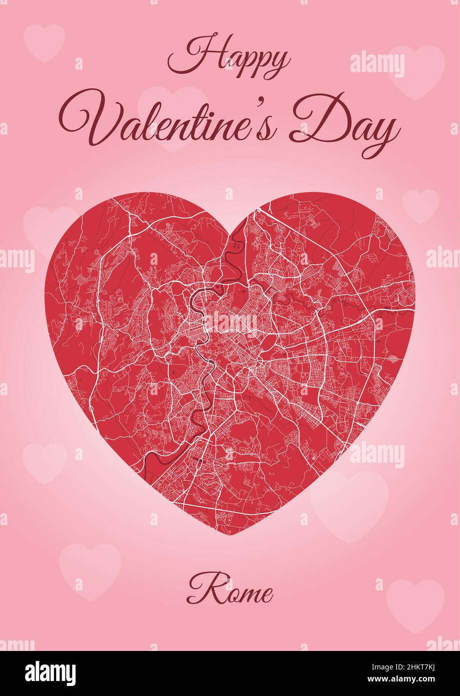 Happy Valentine's day holiday card with Rome map in heart shape. Vertical A4 Pink and red color vector illustration. Love city travel cityscape. Stock Vector