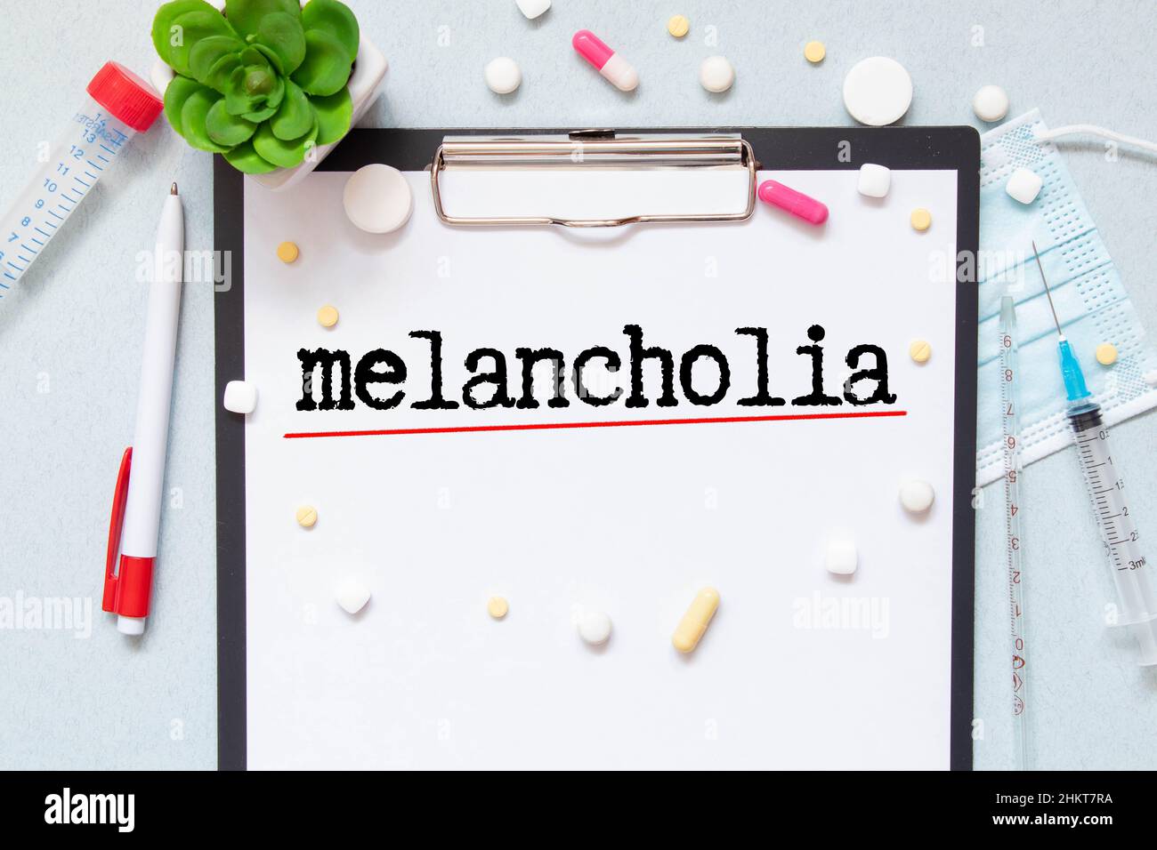 melancholia word write on prescription. Stock Photo