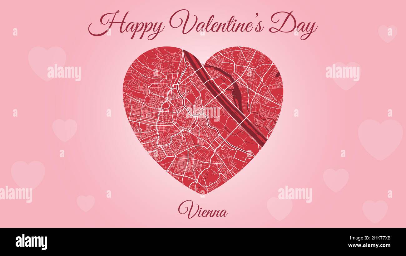Happy Valentine's day horizontal holiday card with Vienna map in heart shape. Pink and red color vector illustration. Love city travel cityscape. Stock Vector