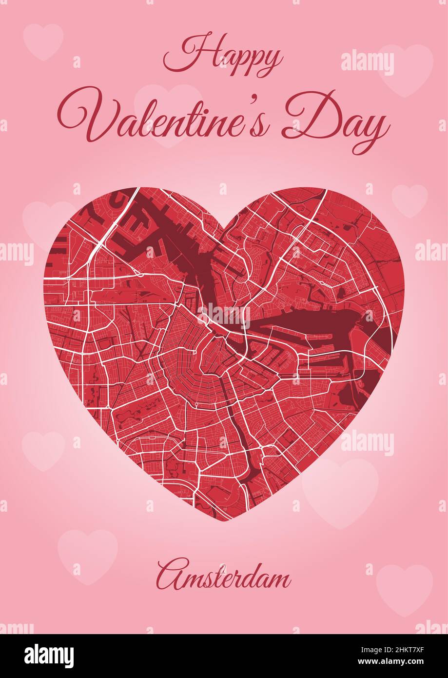 Happy Valentine's day holiday card with Amsterdam map in heart shape. Vertical A4 Pink and red color vector illustration. Love city travel cityscape. Stock Vector