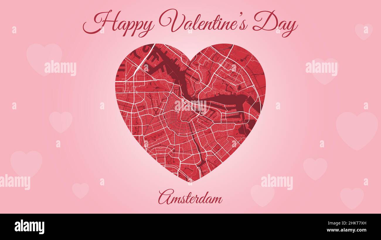 Happy Valentine's day horizontal holiday card with Amsterdam map in heart shape. Pink and red color vector illustration. Love city travel cityscape. Stock Vector