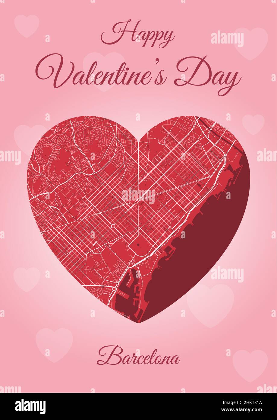 Happy Valentine's day holiday card with Barcelona map in heart shape. Vertical A4 Pink and red color vector illustration. Love city travel cityscape. Stock Vector