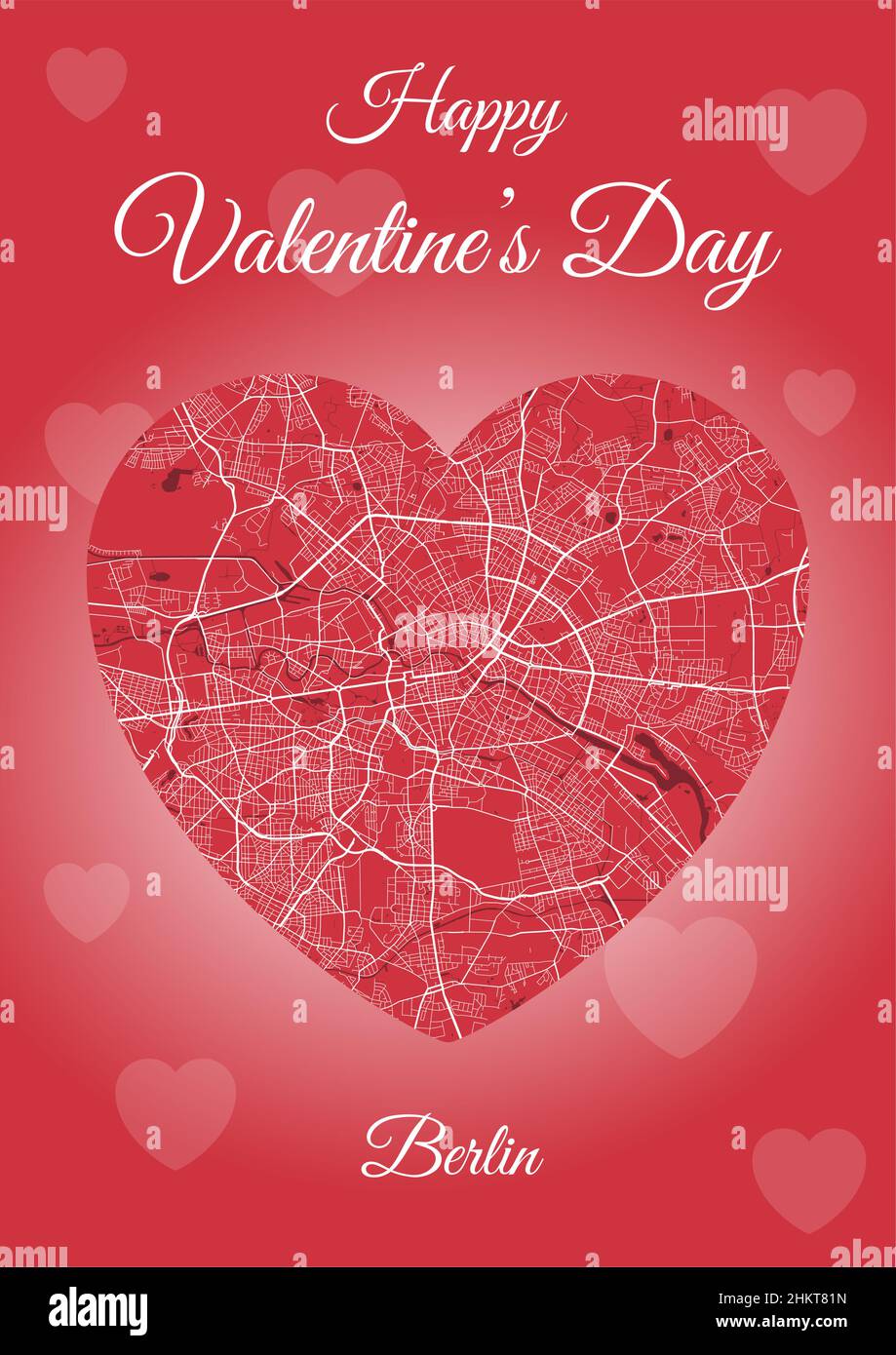Happy Valentine's day holiday card with Berlin map in heart shape. Vertical A4 red color vector illustration. Love city travel cityscape. Stock Vector