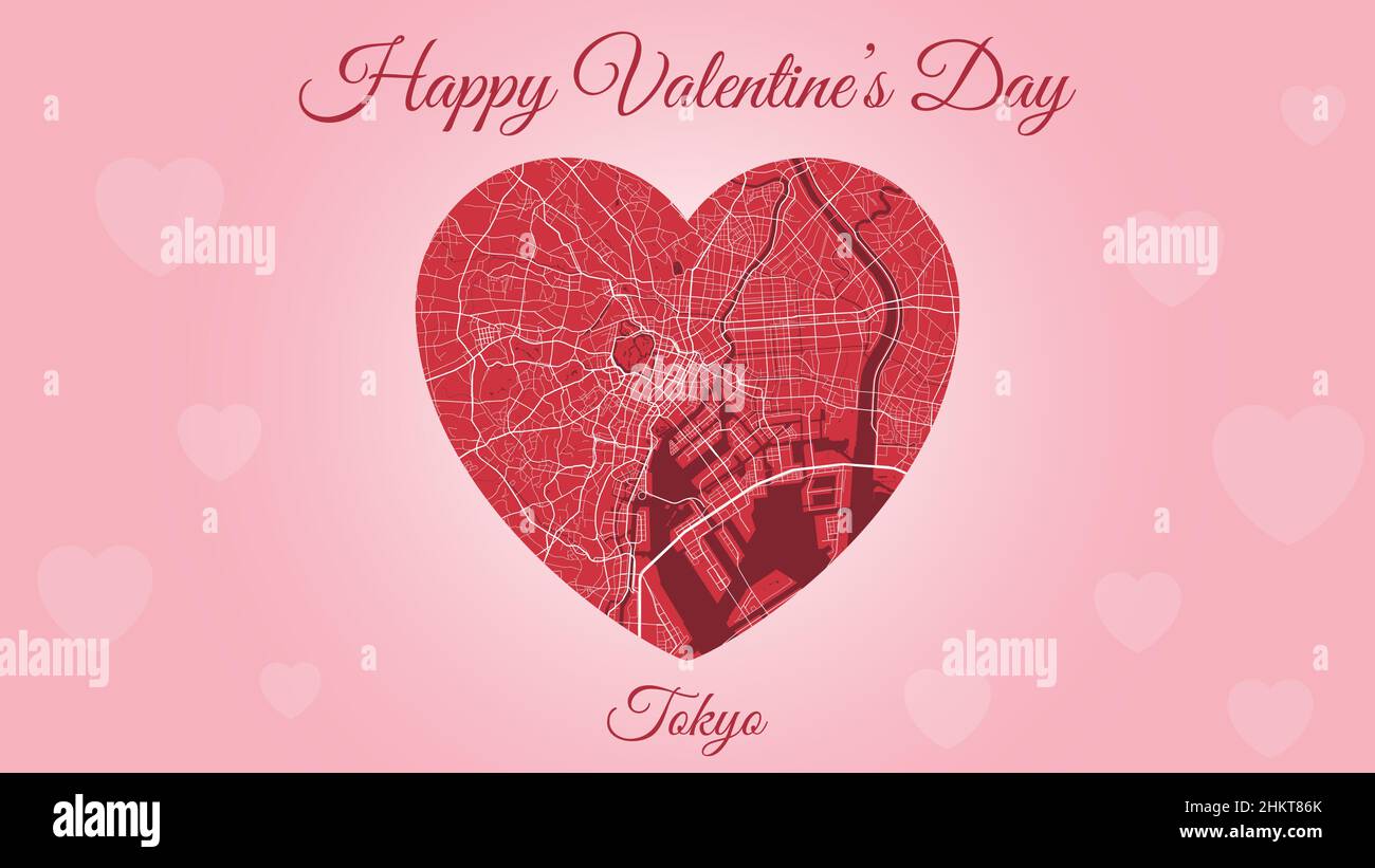 Happy Valentine's day horizontal holiday card with Tokyo map in heart shape. Pink and red color vector illustration. Love city travel cityscape. Stock Vector