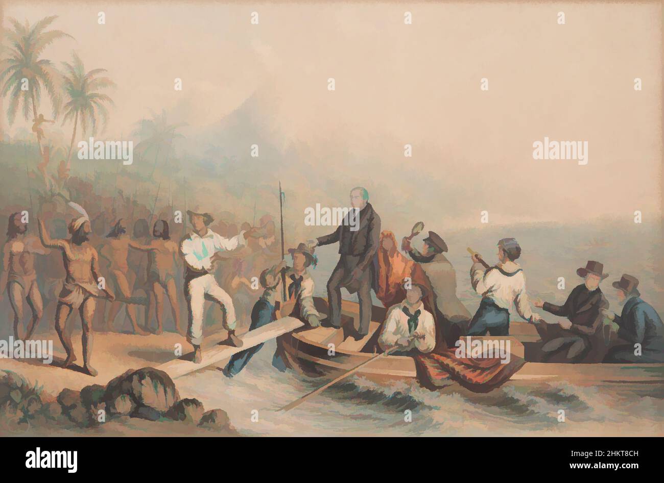 Art inspired by The reception of the Rev. J. Williams at Tanna in the South Seas, the day before he was massacred, George Baxter, artist, 1841, England, Classic works modernized by Artotop with a splash of modernity. Shapes, color and value, eye-catching visual impact on art. Emotions through freedom of artworks in a contemporary way. A timeless message pursuing a wildly creative new direction. Artists turning to the digital medium and creating the Artotop NFT Stock Photo