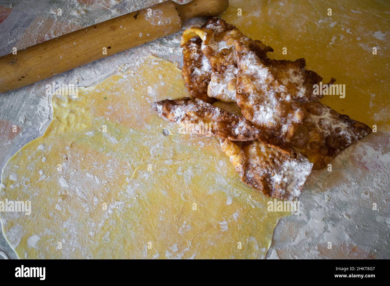Preparing dough to make carnival ears. Typical sweet from Galicia and Leon. Spain Stock Photo