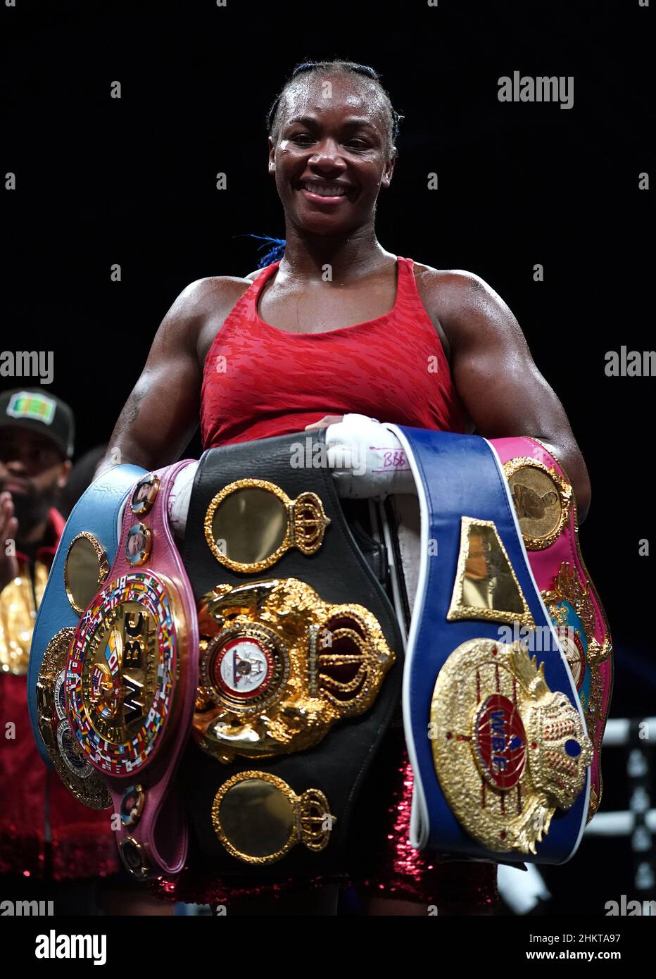 Claressa Shields celebrates victory against Ema Kozin (not pictured) in the WBC/WBA/IBF World Middleweight Titles at the Motorpoint Arena Cardiff