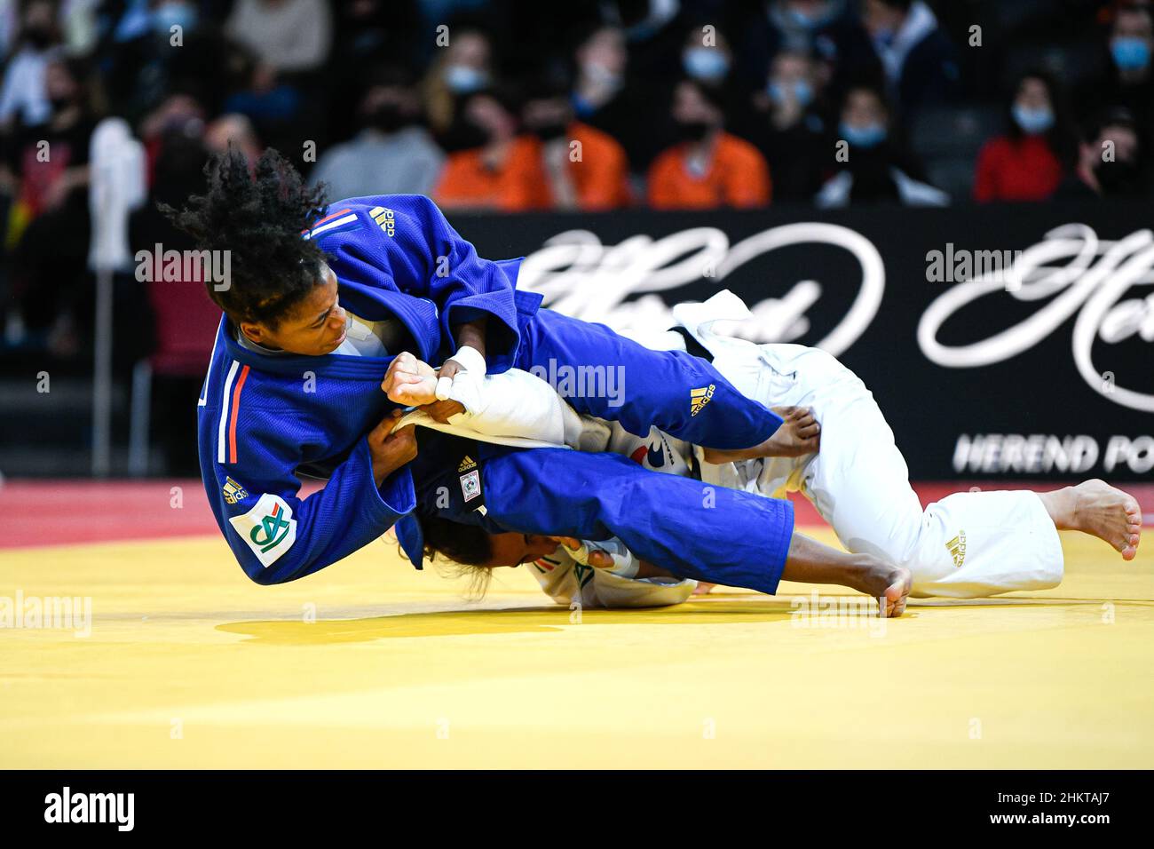 Women's -57 kg, Sarah-Leonie Cysique (blue) of France competes and  wins by ippon over Faiza Mokdar of France with an armlock (juji gatame) during the Paris Grand Slam 2022, IJF World Judo Tour on February 5, 2022 at Accor Arena in Paris, France - Photo Victor Joly / DPPI Stock Photo