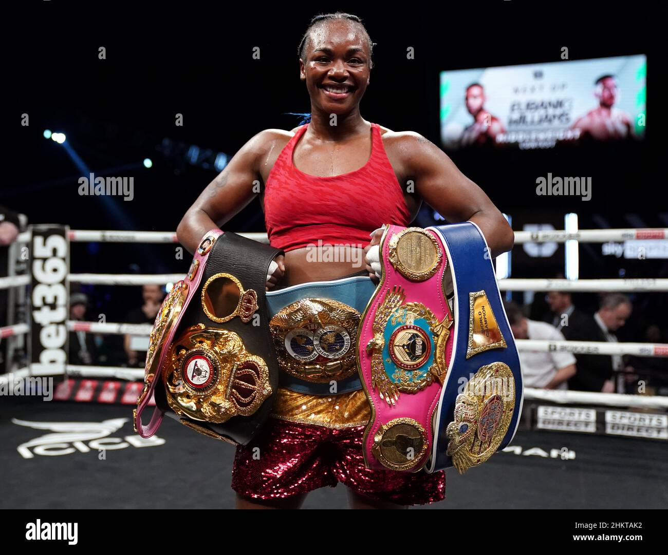 Claressa Shields celebrates victory against Ema Kozin (not pictured) in the WBC/WBA/IBF World Middleweight Titles at the Motorpoint Arena Cardiff