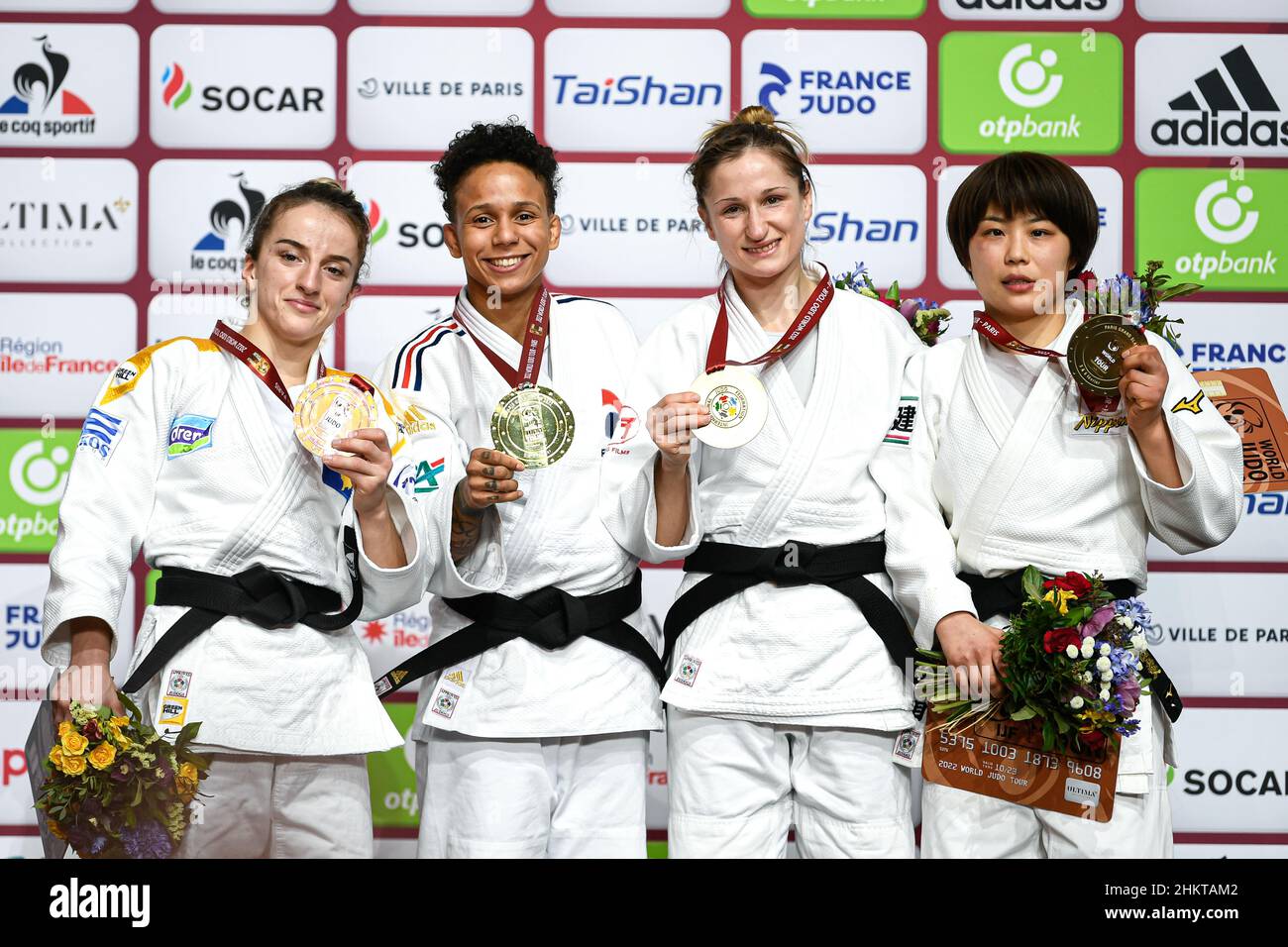 (LtoR) Kosovo's Distria Krasniqi (silver), France's Amandine Buchard (gold), Switzerland's Fabienne Kocher (bronze) and Japan's Shishime Ai (bronze) pose during the podium ceremony of the -52kg category during the Paris Grand Slam 2022, IJF World Judo Tour on February 5, 2022 at Accor Arena in Paris, France - Photo Victor Joly / DPPI Stock Photo