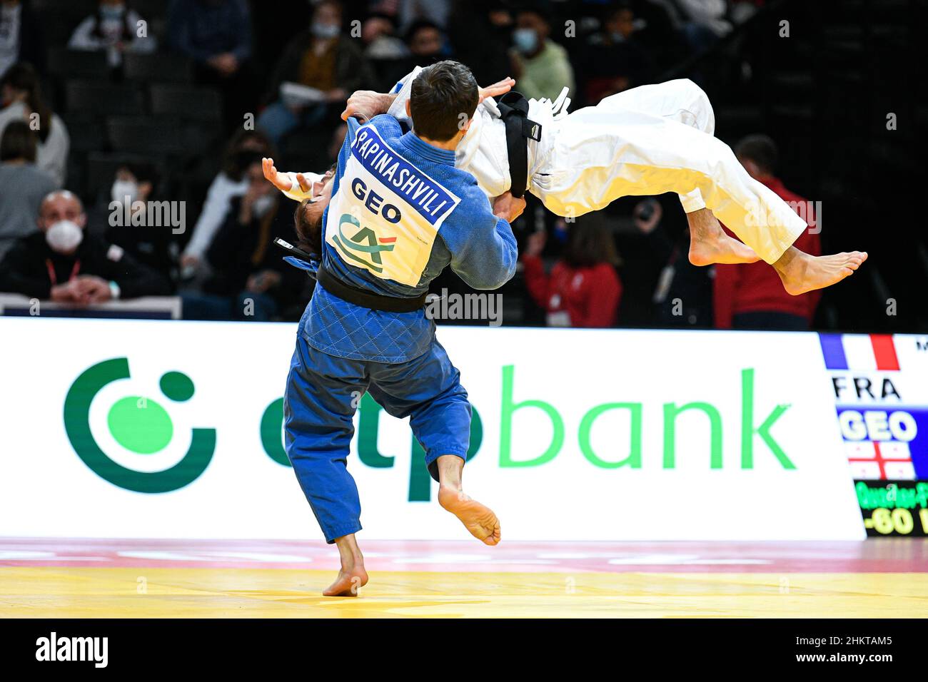 Men's -60 kg, Jaba Papinashvili of Georgia throws Luka Mkheidze of France during the Paris Grand Slam 2022, IJF World Judo Tour on February 5, 2022 at Accor Arena in Paris, France - Photo Victor Joly / DPPI Stock Photo