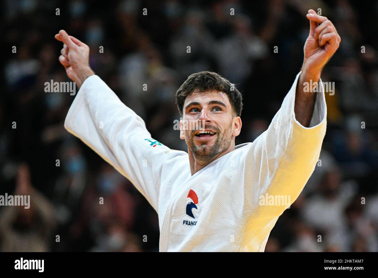 Men's -73 kg, Benjamin Axus of France celebrates his victory during the bronze medal contest of the Paris Grand Slam 2022, IJF World Judo Tour on February 5, 2022 at Accor Arena in Paris, France - Photo Victor Joly / DPPI Stock Photo