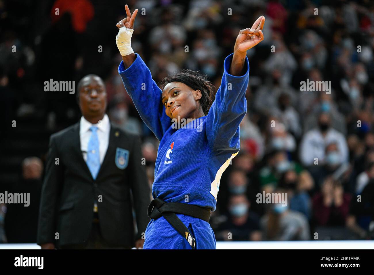 Women's -57 kg, Priscilla Gneto of France (bronze medal) celebrates her victory during the Paris Grand Slam 2022, IJF World Judo Tour on February 5, 2022 at Accor Arena in Paris, France - Photo Victor Joly / DPPI Stock Photo