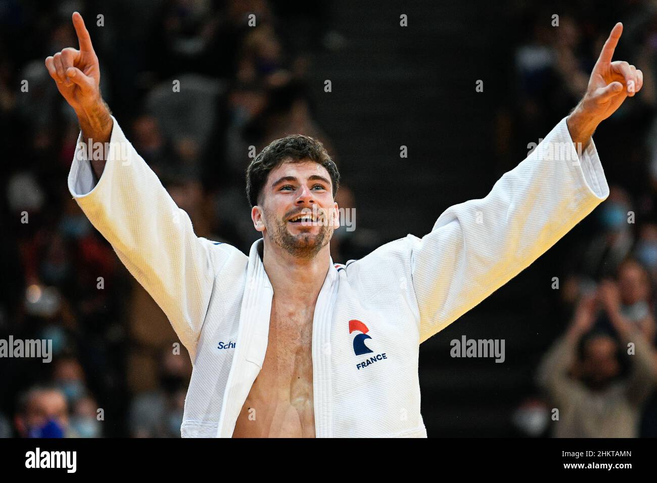 Men's -73 kg, Benjamin Axus of France celebrates his victory during the bronze medal contest of the Paris Grand Slam 2022, IJF World Judo Tour on February 5, 2022 at Accor Arena in Paris, France - Photo Victor Joly / DPPI Stock Photo