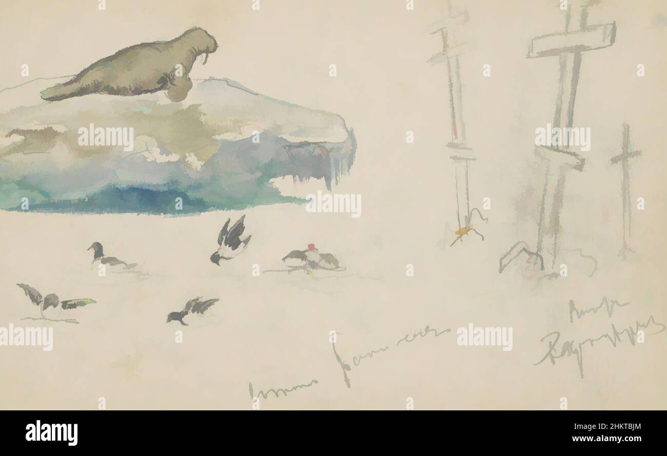 Art inspired by expedition to Nova Zembla, a Russian archipelago in the Arctic Ocean in 1880, Study sheet with a shipwreck, polar bunnies, a polar bear and stone structures, Classic works modernized by Artotop with a splash of modernity. Shapes, color and value, eye-catching visual impact on art. Emotions through freedom of artworks in a contemporary way. A timeless message pursuing a wildly creative new direction. Artists turning to the digital medium and creating the Artotop NFT Stock Photo