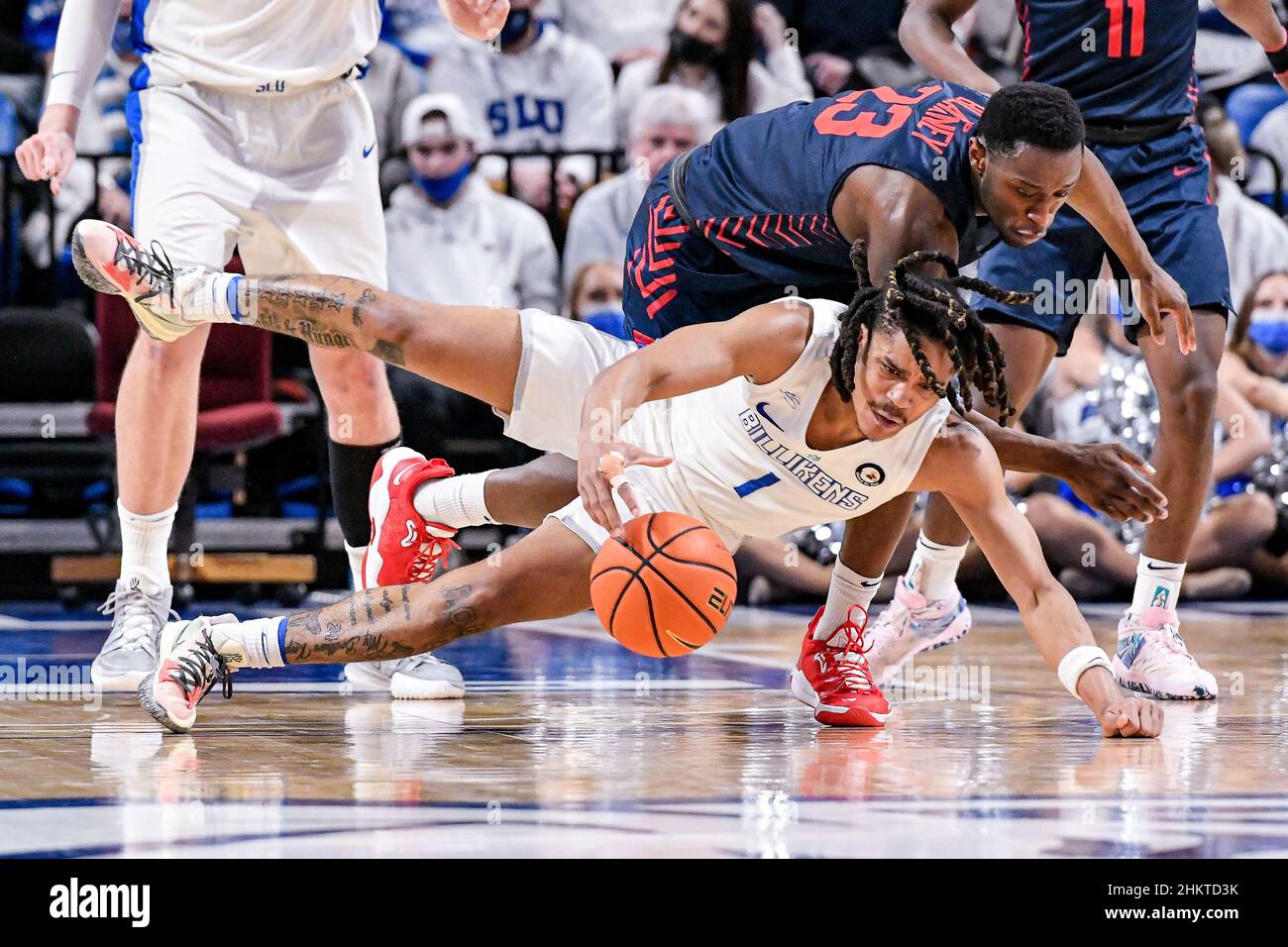 February 05, 2022: Saint Louis Billikens guard Yuri Collins (1) dives and grabs the loose ball in front of Dayton Flyers forward R.J. Blakney (23) in a A-10 conference game where the Dayton Flyers visited the St. Louis Billikens. Held at Chaifetz Arena in St. Louis, MO Richard Ulreich/CSM Stock Photo