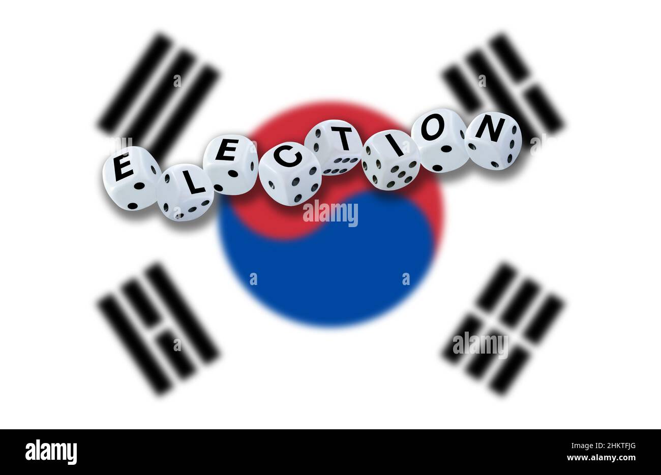 White dices spelling the word ELECTION with Korean flag waving in the background. Korea election concept. Stock Photo