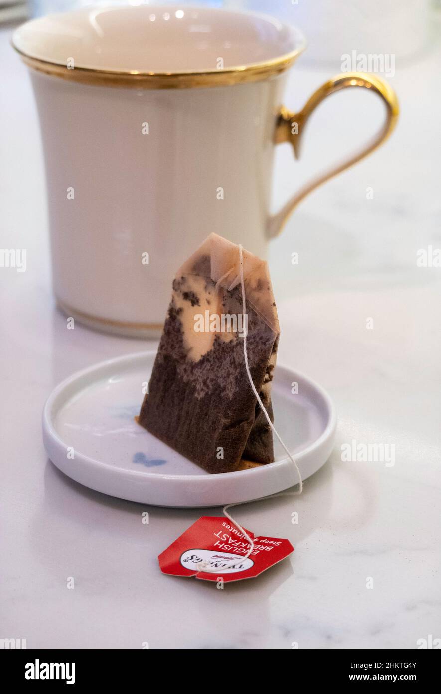 Used Teabag in a small dish on a kitchen counter Stock Photo