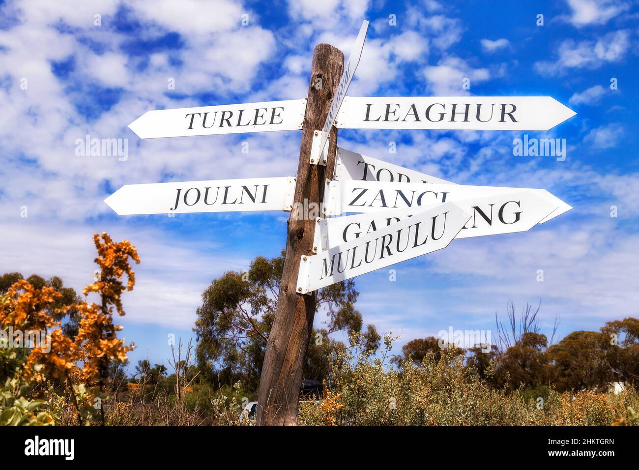 Navigational sign post at visitor centre of Lake Mungo national park of Australia with directions to aboriginal towns. Stock Photo