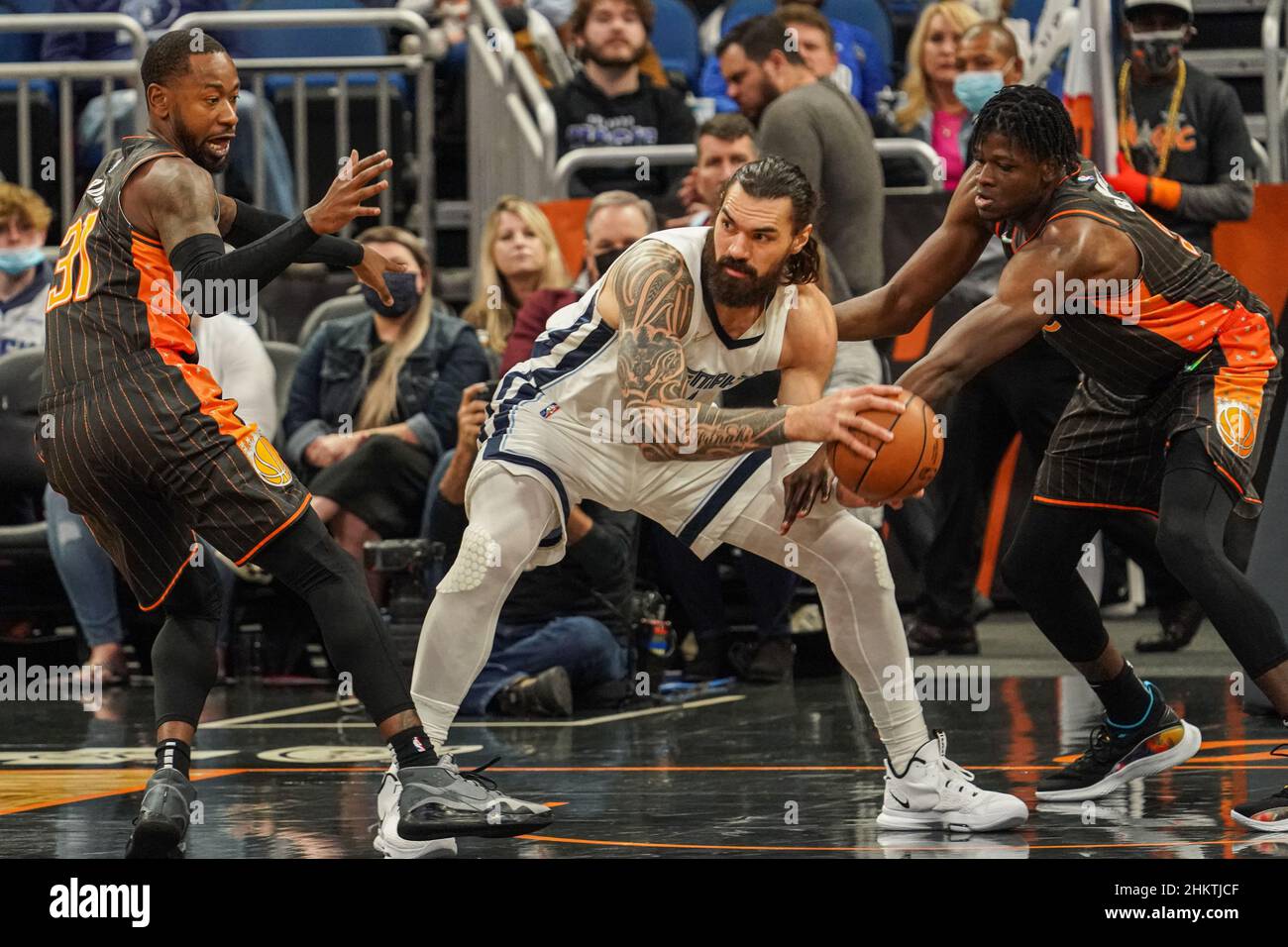 Orlando, Florida, USA, February 5, 2022, Memphis Grizzlies center Steven Adams #4 fight to keep the ball during the second half at the Amway Center.  (Photo Credit:  Marty Jean-Louis) Stock Photo